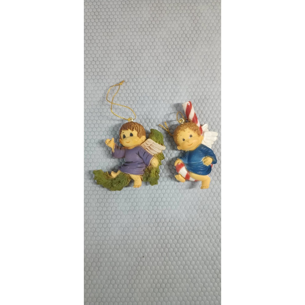 Vintage Cherub Angel Christmas Ornaments Set of 2 Candy Cane Pine Branch plastic